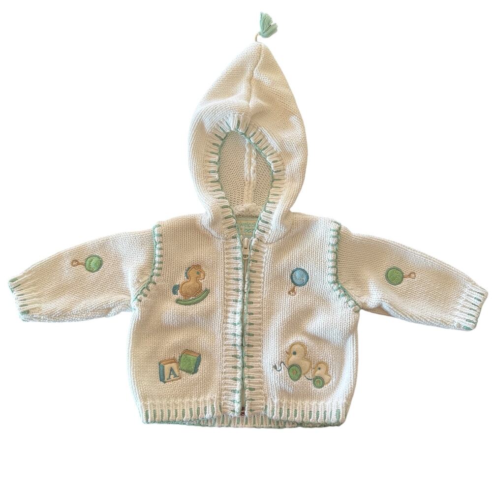 Welcome Baby Zip Up Vintage Baby Sweater Size 3 Mos. White and Teal Duck Horse